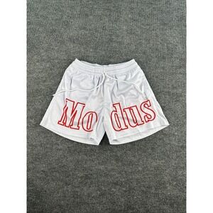 NWT Modus Brand Shorts White Mesh Red Spell Out Logo Active Athletic Sportswear